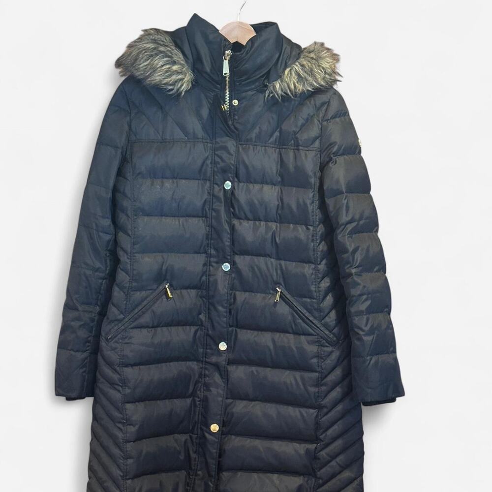 MICHAEL Michael Kors Long Puffer Coat with Faux-Fur Hood - Black, Size L